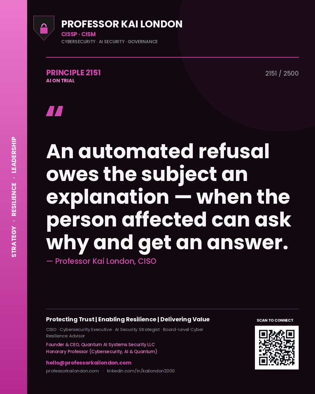 Professor Kai London principle 2151: An automated refusal owes the subject an explanation — when the person affected can ask why and get an answer.