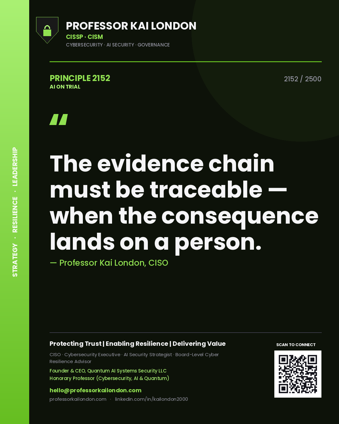Professor Kai London principle 2152: The evidence chain must be traceable — when the consequence lands on a person.
