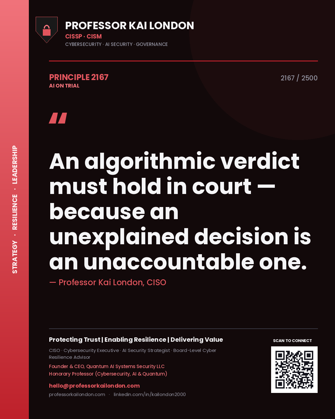 Professor Kai London principle 2167: An algorithmic verdict must hold in court — because an unexplained decision is an unaccountable one.