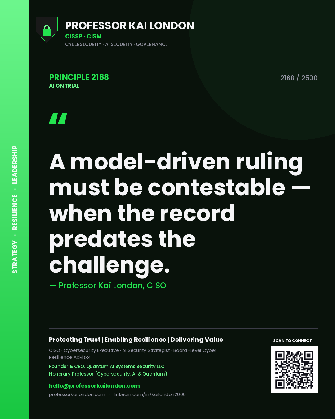 Professor Kai London principle 2168: A model-driven ruling must be contestable — when the record predates the challenge.