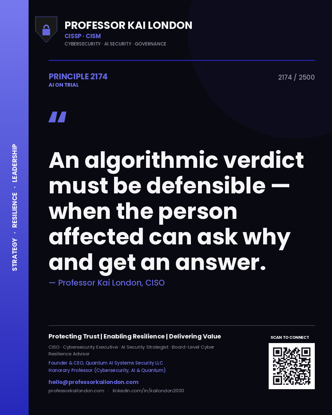 Professor Kai London principle 2174: An algorithmic verdict must be defensible — when the person affected can ask why and get an answer.