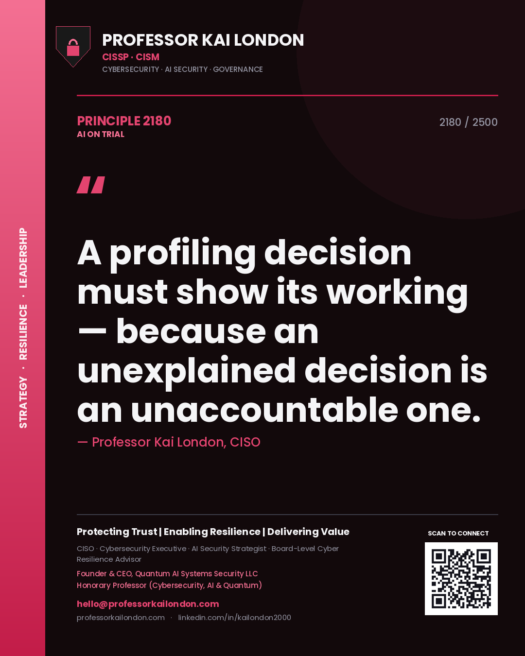 Professor Kai London principle 2180: A profiling decision must show its working — because an unexplained decision is an unaccountable one.