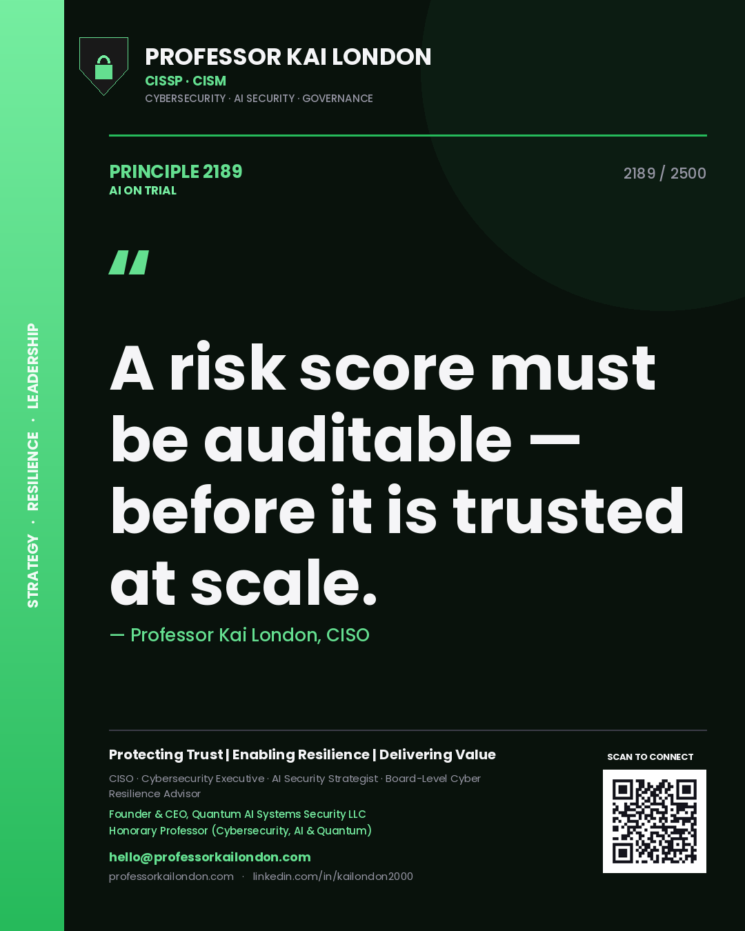Professor Kai London principle 2189: A risk score must be auditable — before it is trusted at scale.