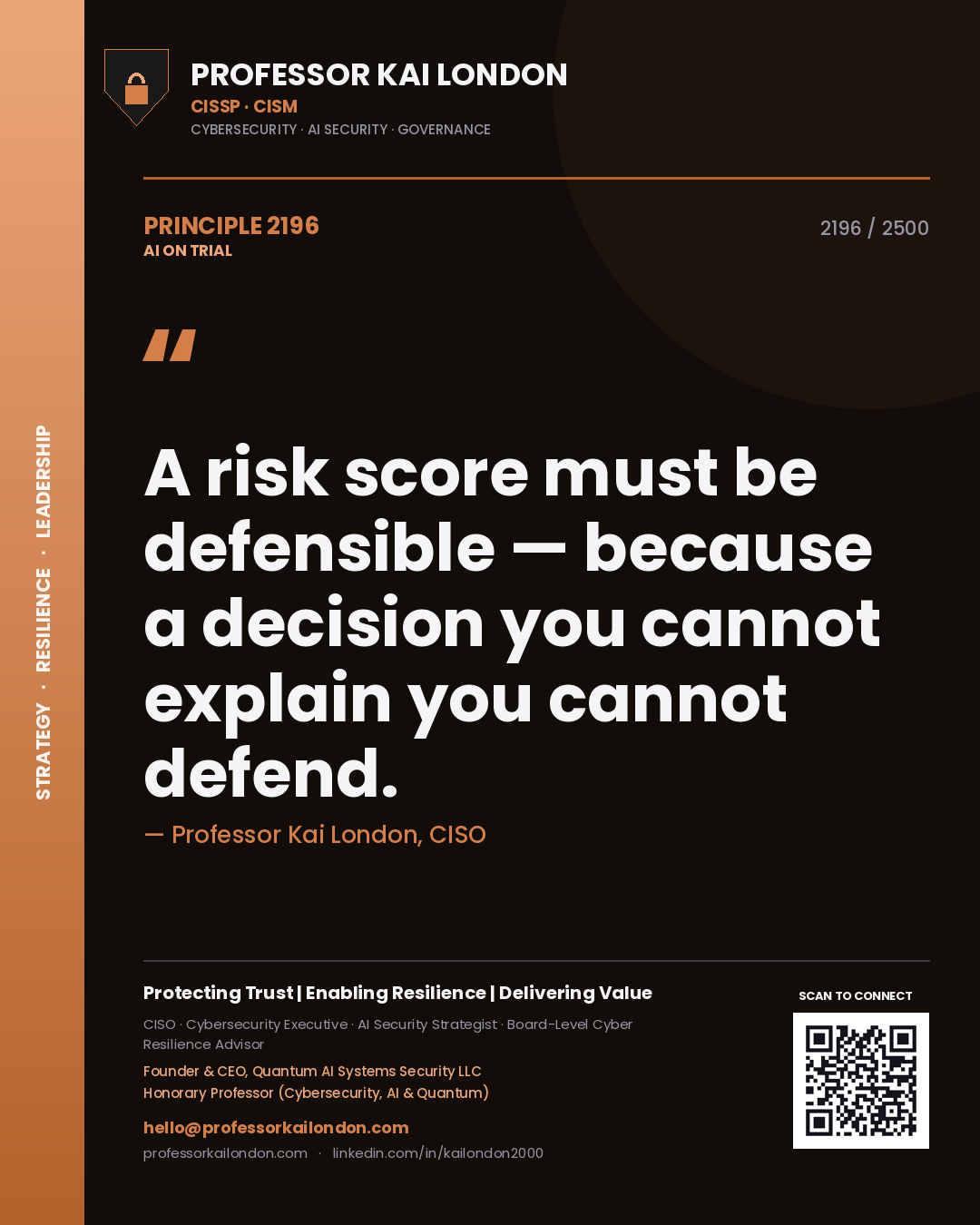 Professor Kai London principle 2196: A risk score must be defensible — because a decision you cannot explain you cannot defend.