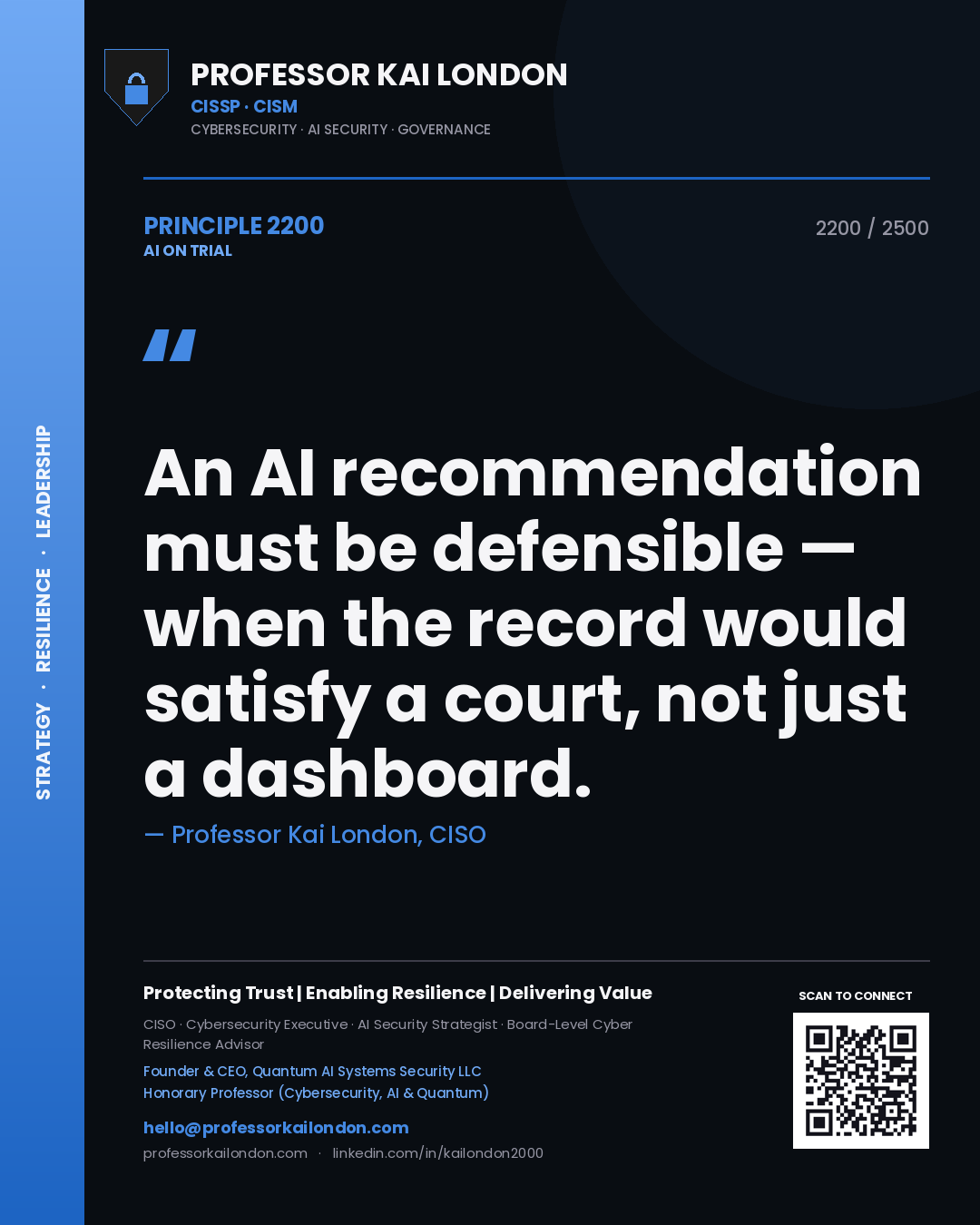 Professor Kai London principle 2200: An AI recommendation must be defensible — when the record would satisfy a court, not just a dashboard.