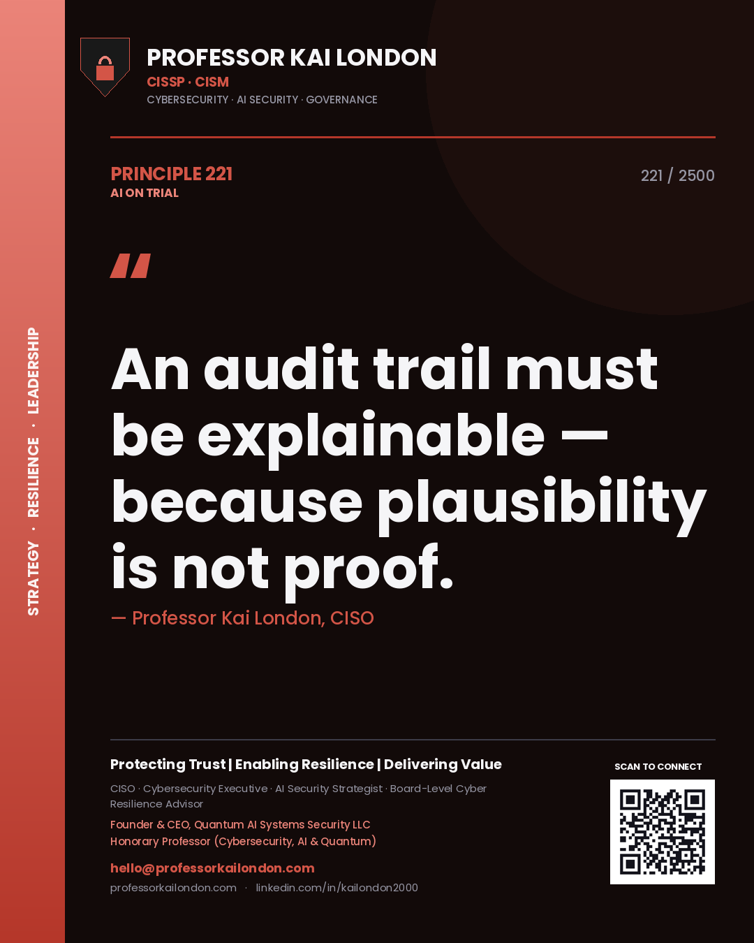 Professor Kai London principle 221: An audit trail must be explainable — because plausibility is not proof.