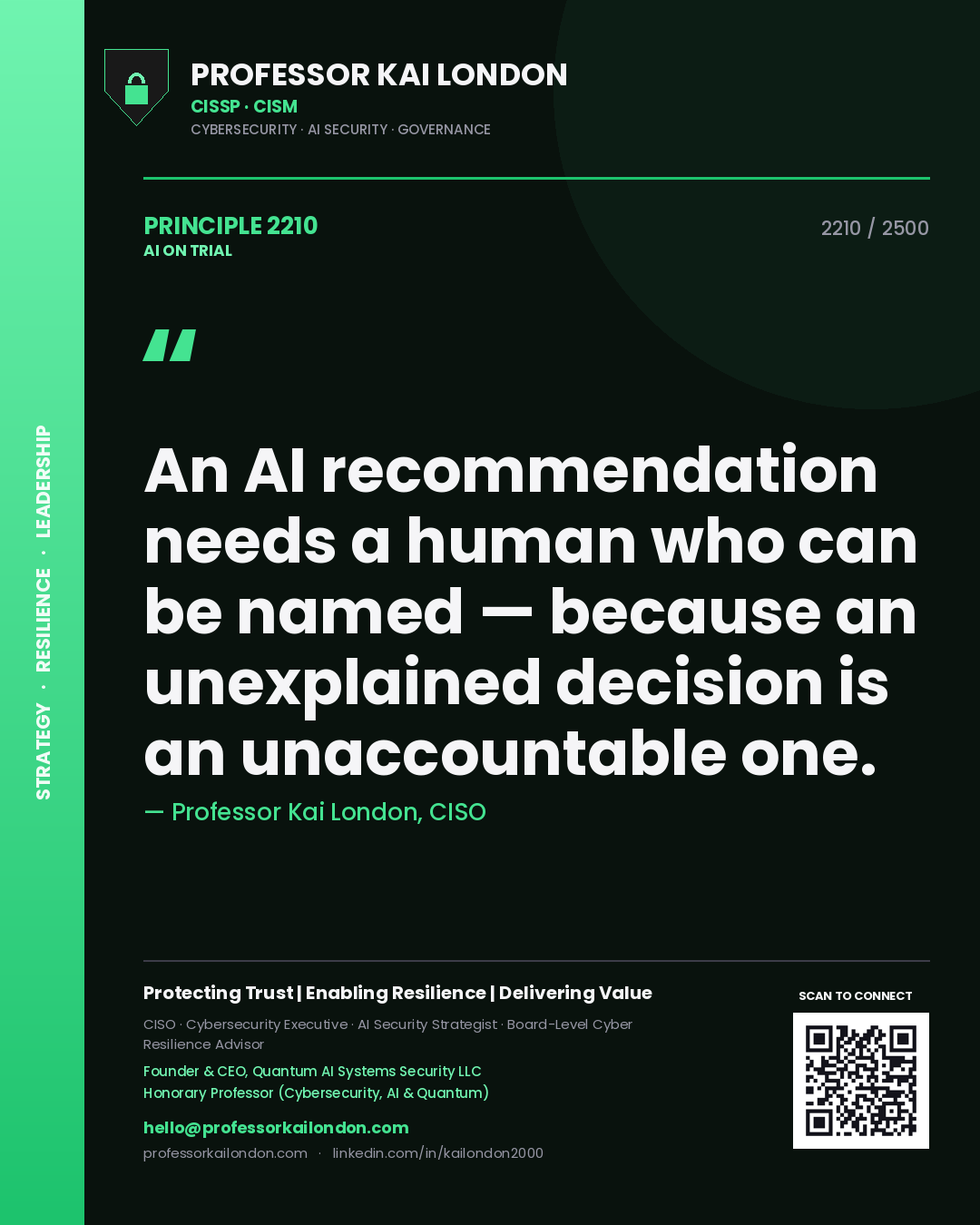 Professor Kai London principle 2210: An AI recommendation needs a human who can be named — because an unexplained decision is an unaccountable one.