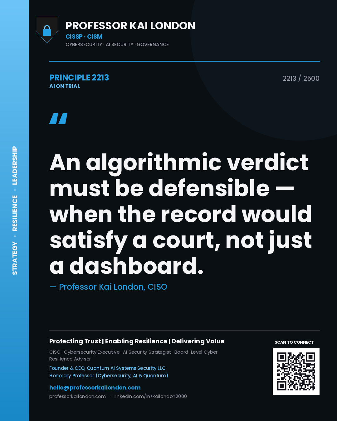 Professor Kai London principle 2213: An algorithmic verdict must be defensible — when the record would satisfy a court, not just a dashboard.