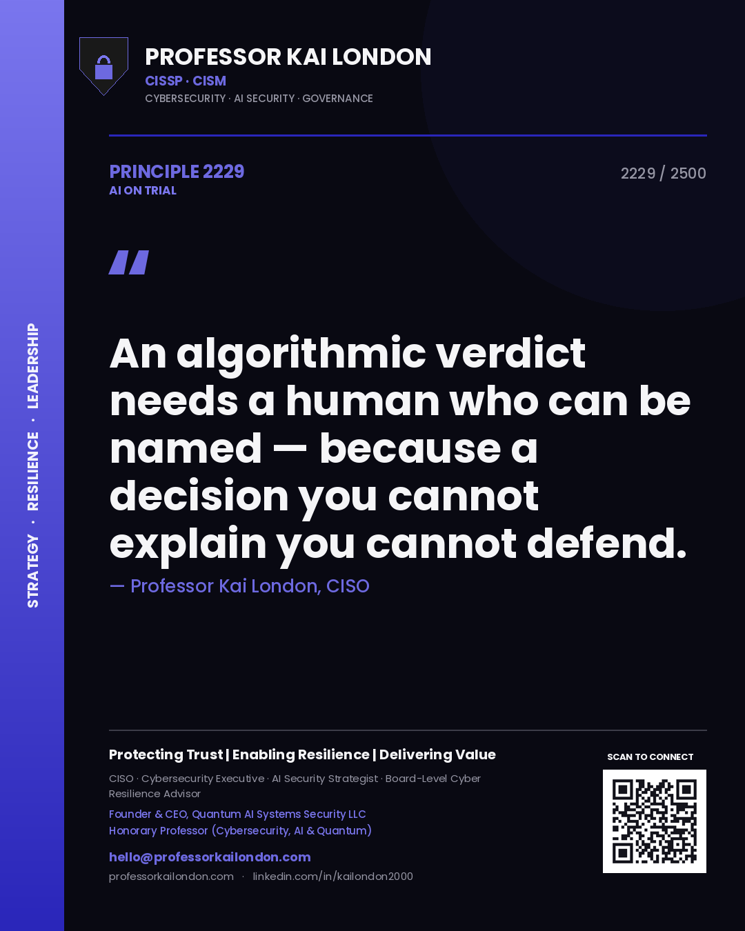 Professor Kai London principle 2229: An algorithmic verdict needs a human who can be named — because a decision you cannot explain you cannot defend.
