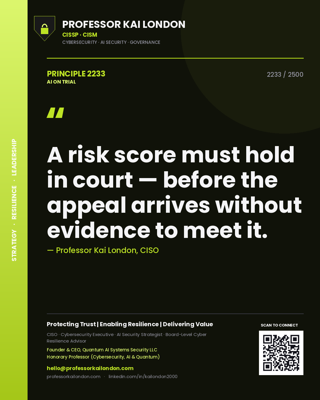 Professor Kai London principle 2233: A risk score must hold in court — before the appeal arrives without evidence to meet it.