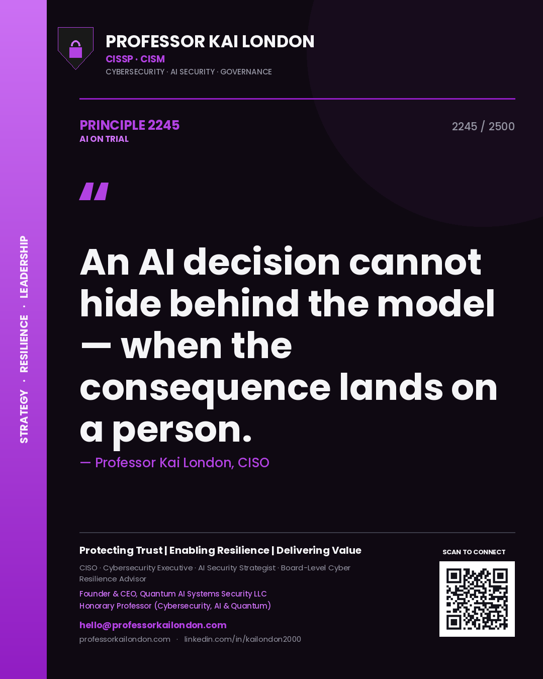 Professor Kai London principle 2245: An AI decision cannot hide behind the model — when the consequence lands on a person.