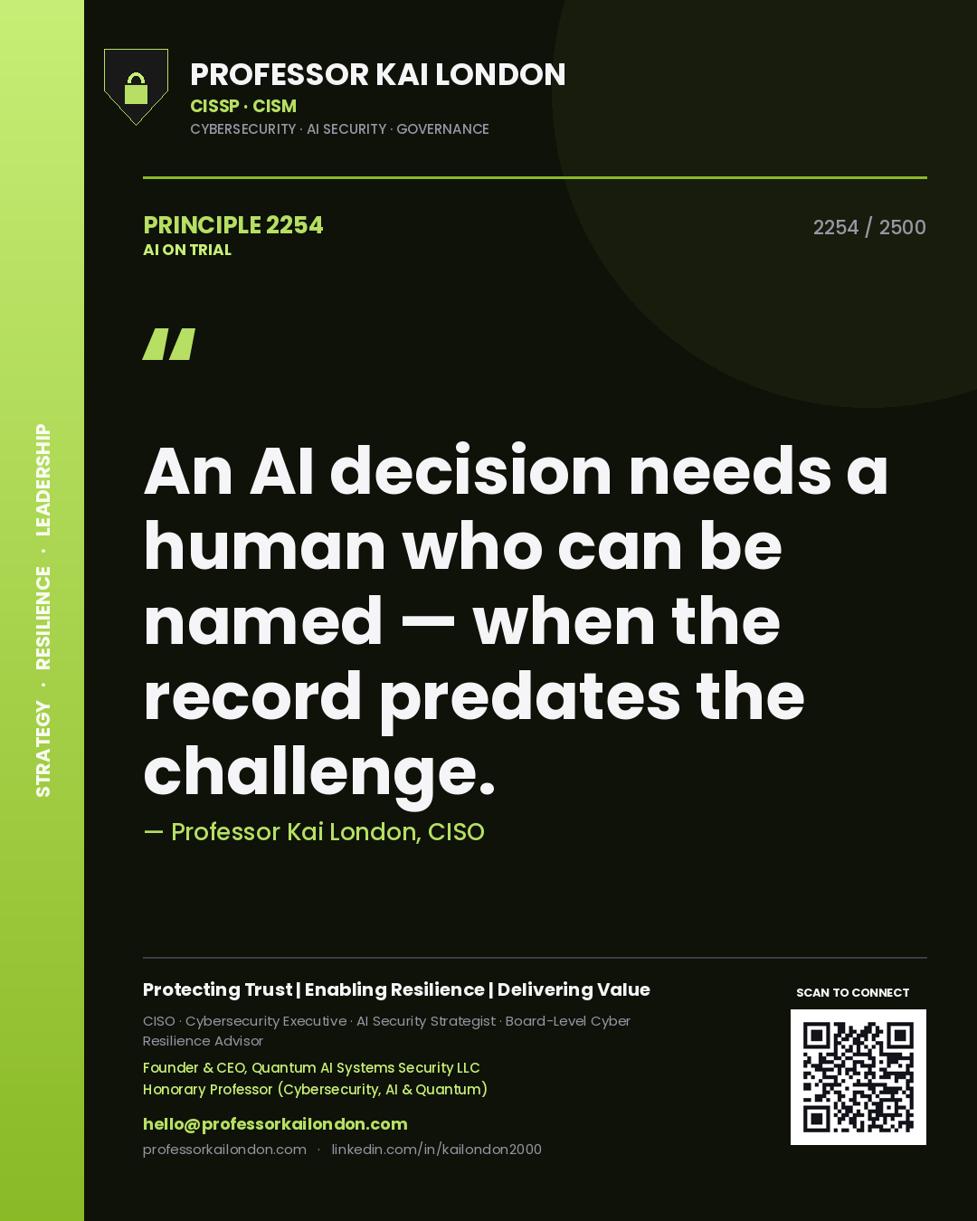 Professor Kai London principle 2254: An AI decision needs a human who can be named — when the record predates the challenge.