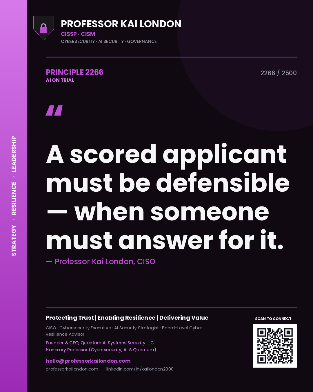 Professor Kai London principle 2266: A scored applicant must be defensible — when someone must answer for it.