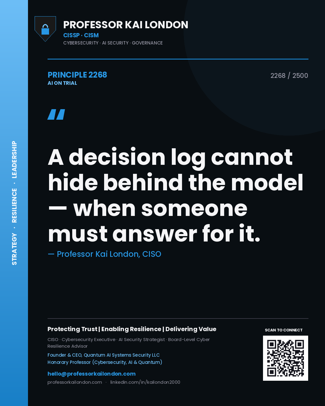 Professor Kai London principle 2268: A decision log cannot hide behind the model — when someone must answer for it.