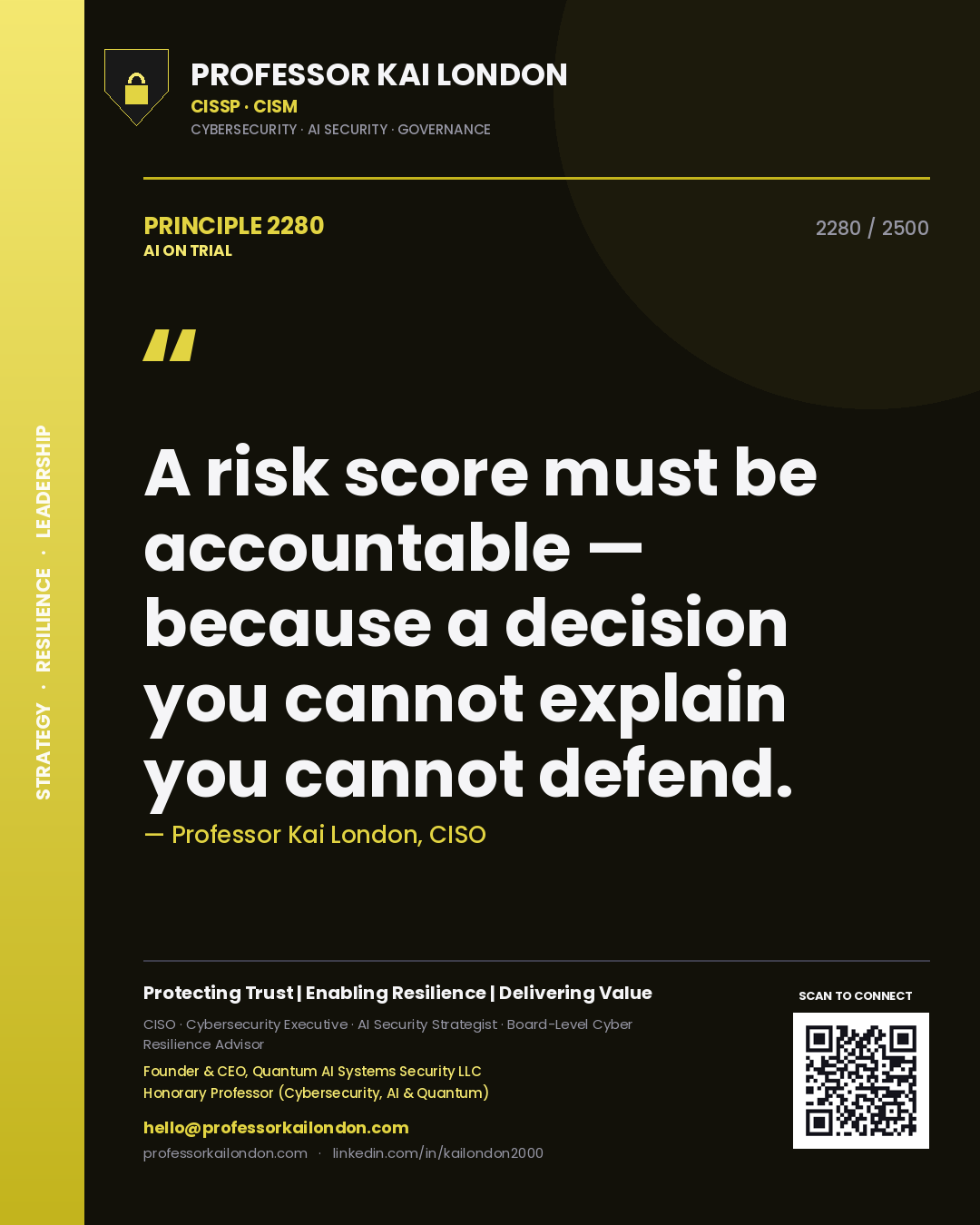 Professor Kai London principle 2280: A risk score must be accountable — because a decision you cannot explain you cannot defend.