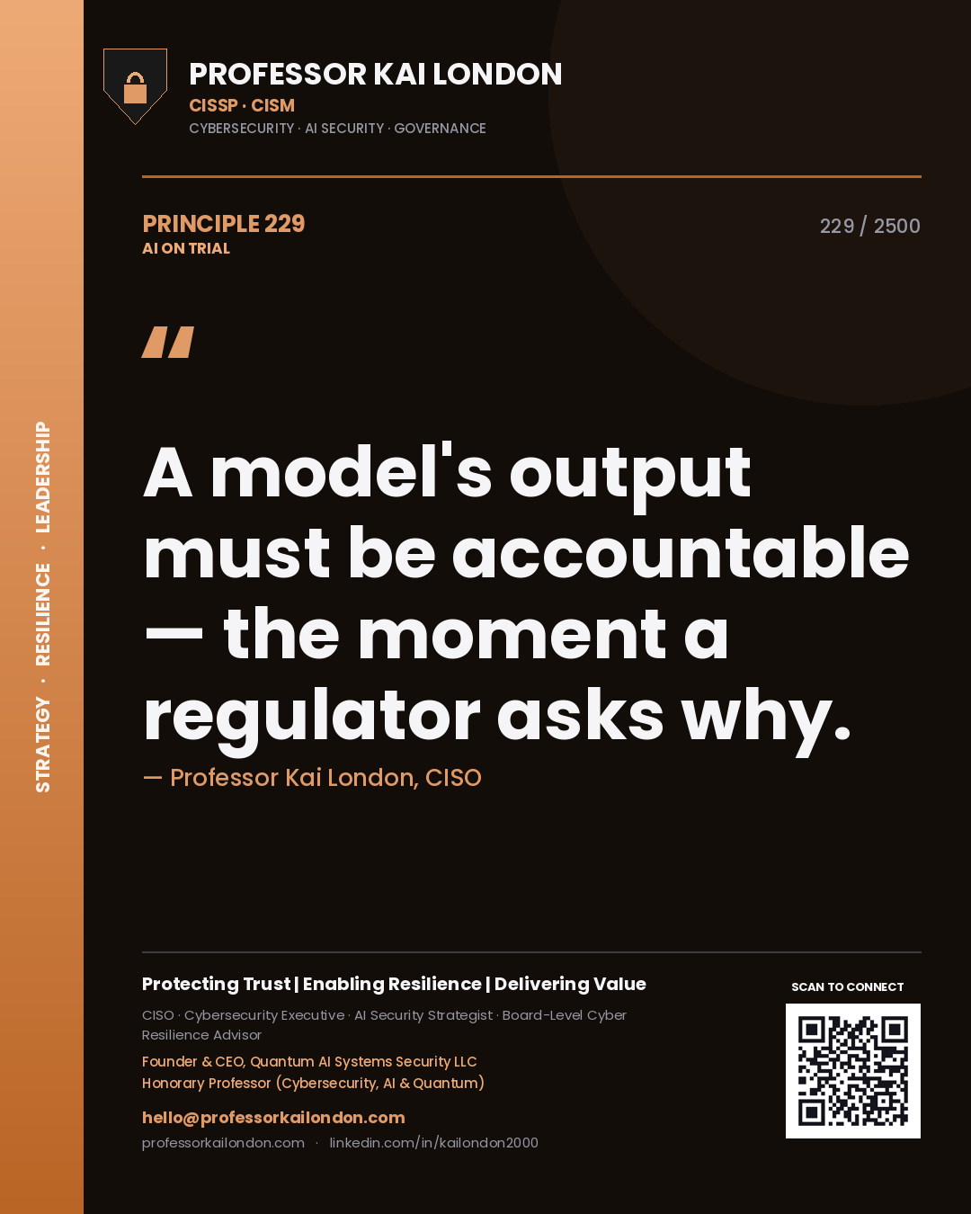 Professor Kai London principle 229: A model's output must be accountable — the moment a regulator asks why.