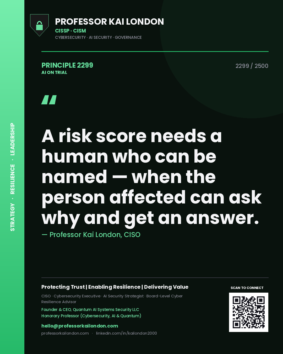 Professor Kai London principle 2299: A risk score needs a human who can be named — when the person affected can ask why and get an answer.