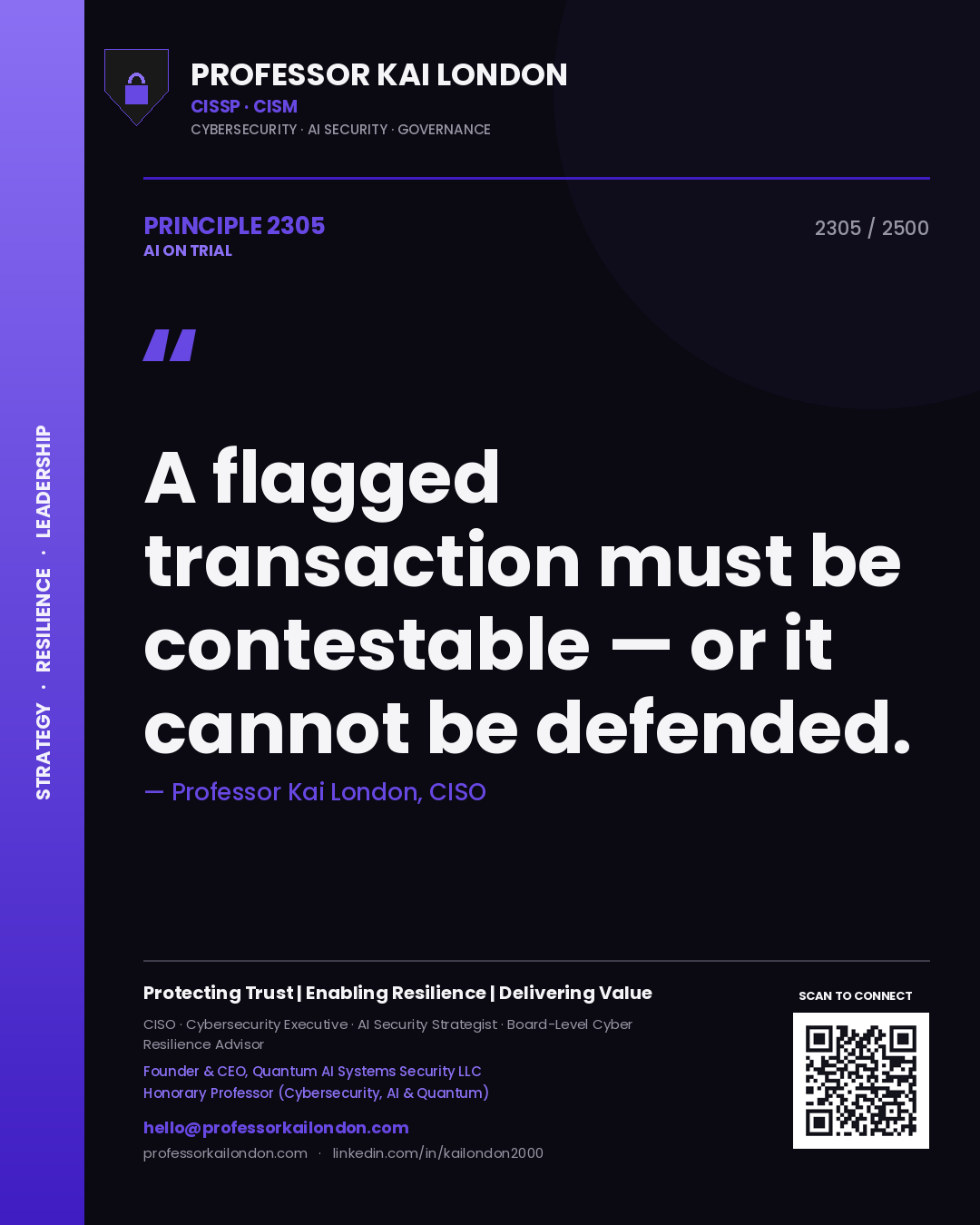 Professor Kai London principle 2305: A flagged transaction must be contestable — or it cannot be defended.