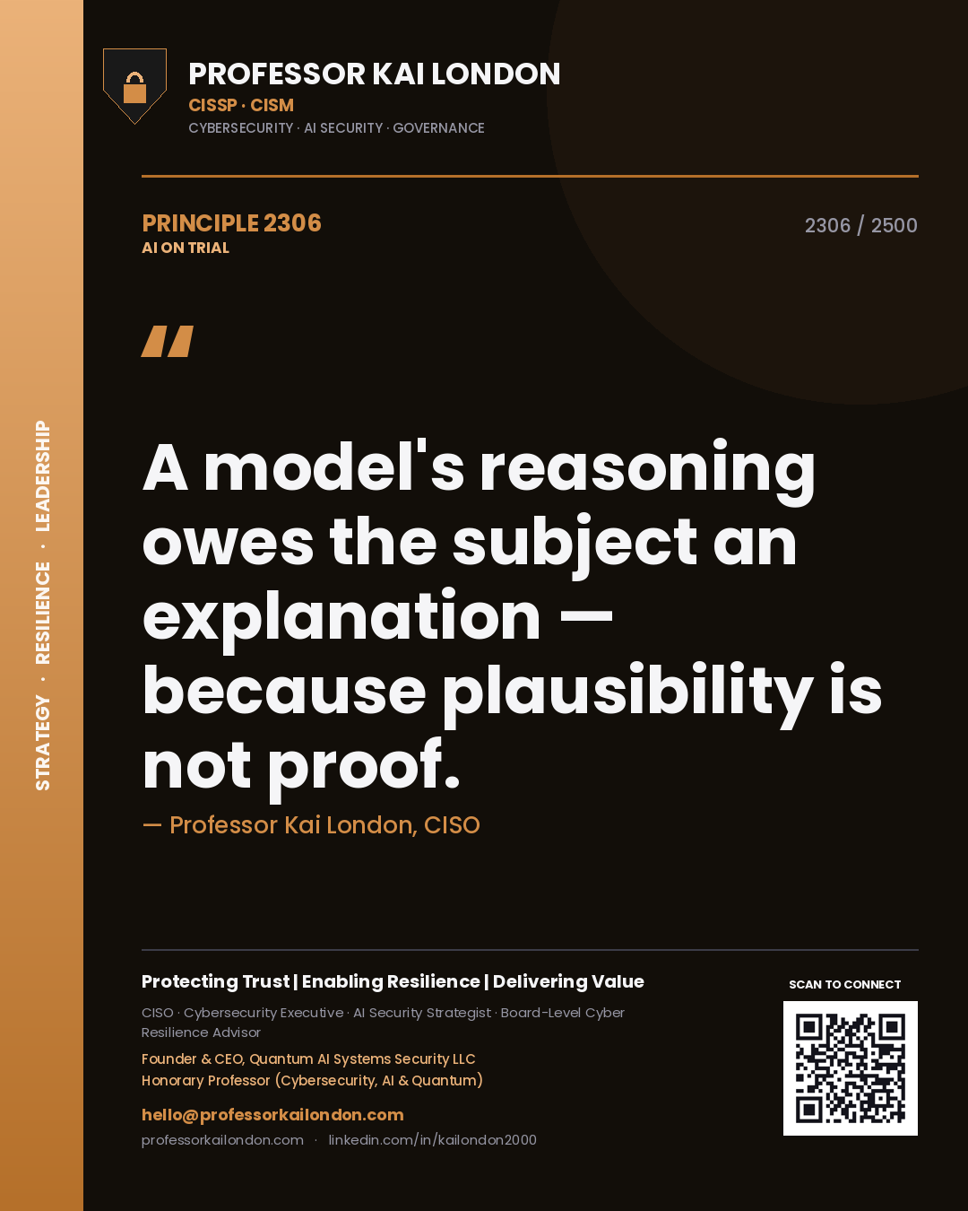 Professor Kai London principle 2306: A model's reasoning owes the subject an explanation — because plausibility is not proof.