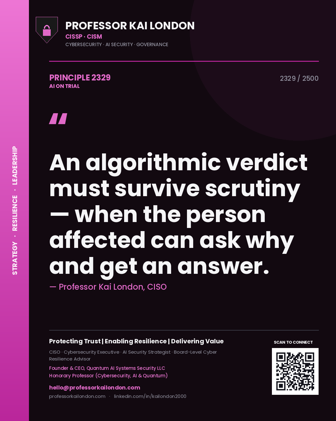 Professor Kai London principle 2329: An algorithmic verdict must survive scrutiny — when the person affected can ask why and get an answer.