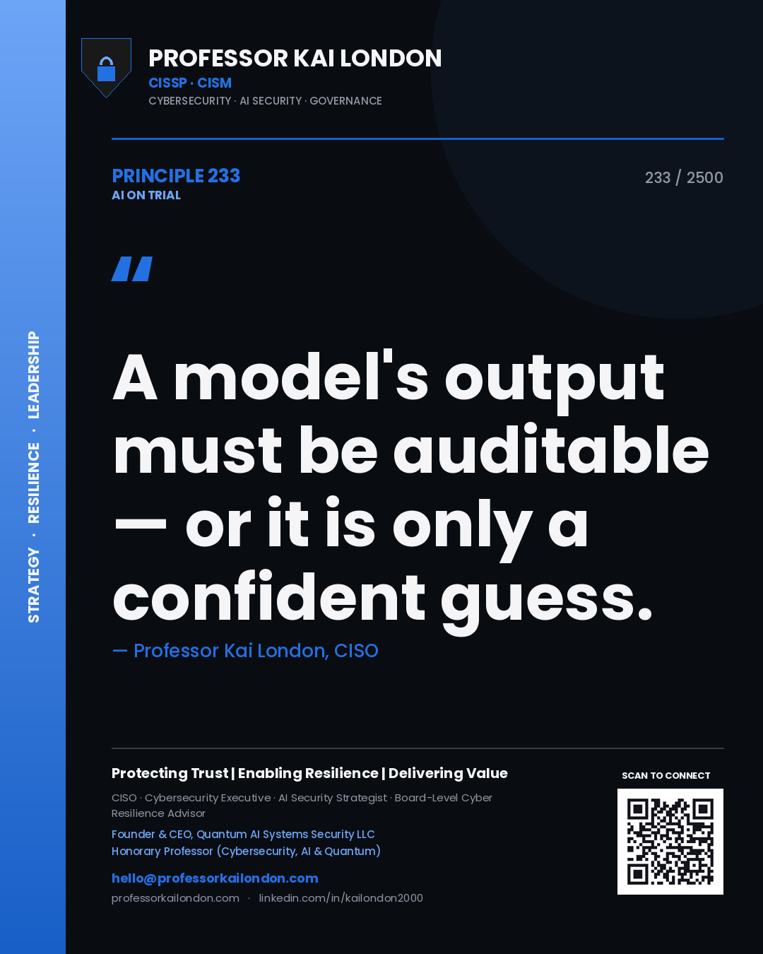 Professor Kai London principle 233: A model's output must be auditable — or it is only a confident guess.