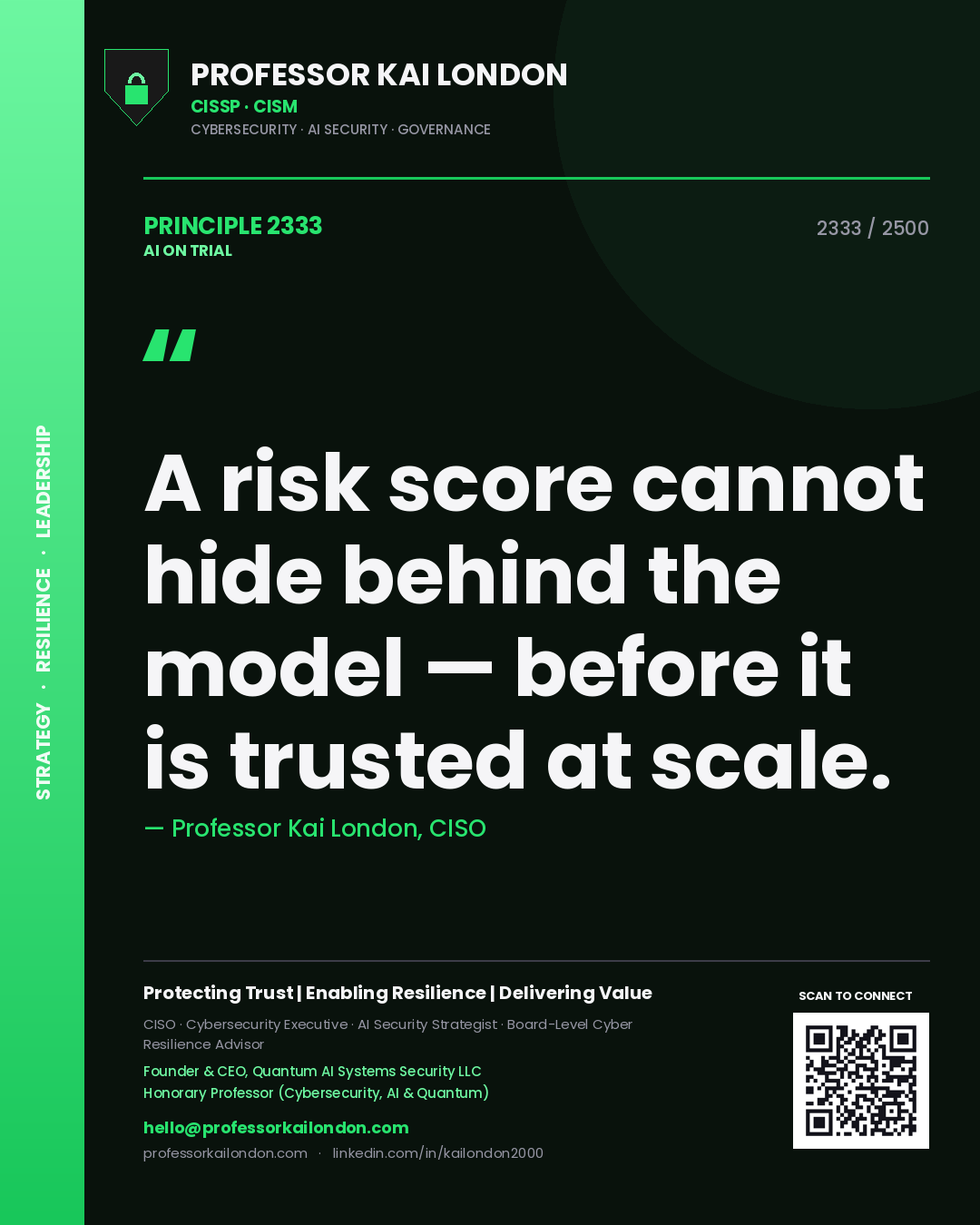 Professor Kai London principle 2333: A risk score cannot hide behind the model — before it is trusted at scale.