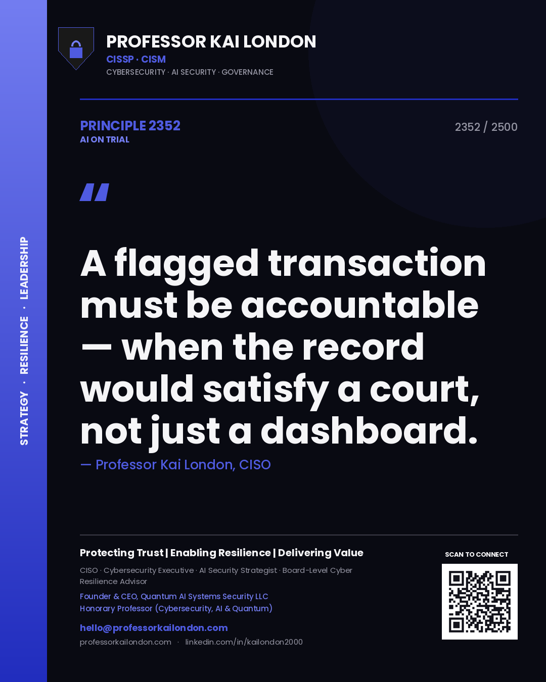 Professor Kai London principle 2352: A flagged transaction must be accountable — when the record would satisfy a court, not just a dashboard.