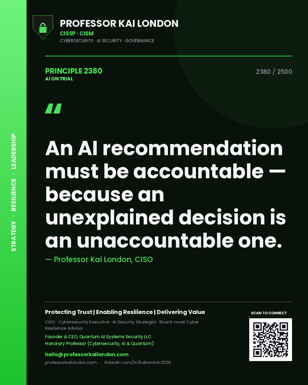Professor Kai London principle 2380: An AI recommendation must be accountable — because an unexplained decision is an unaccountable one.
