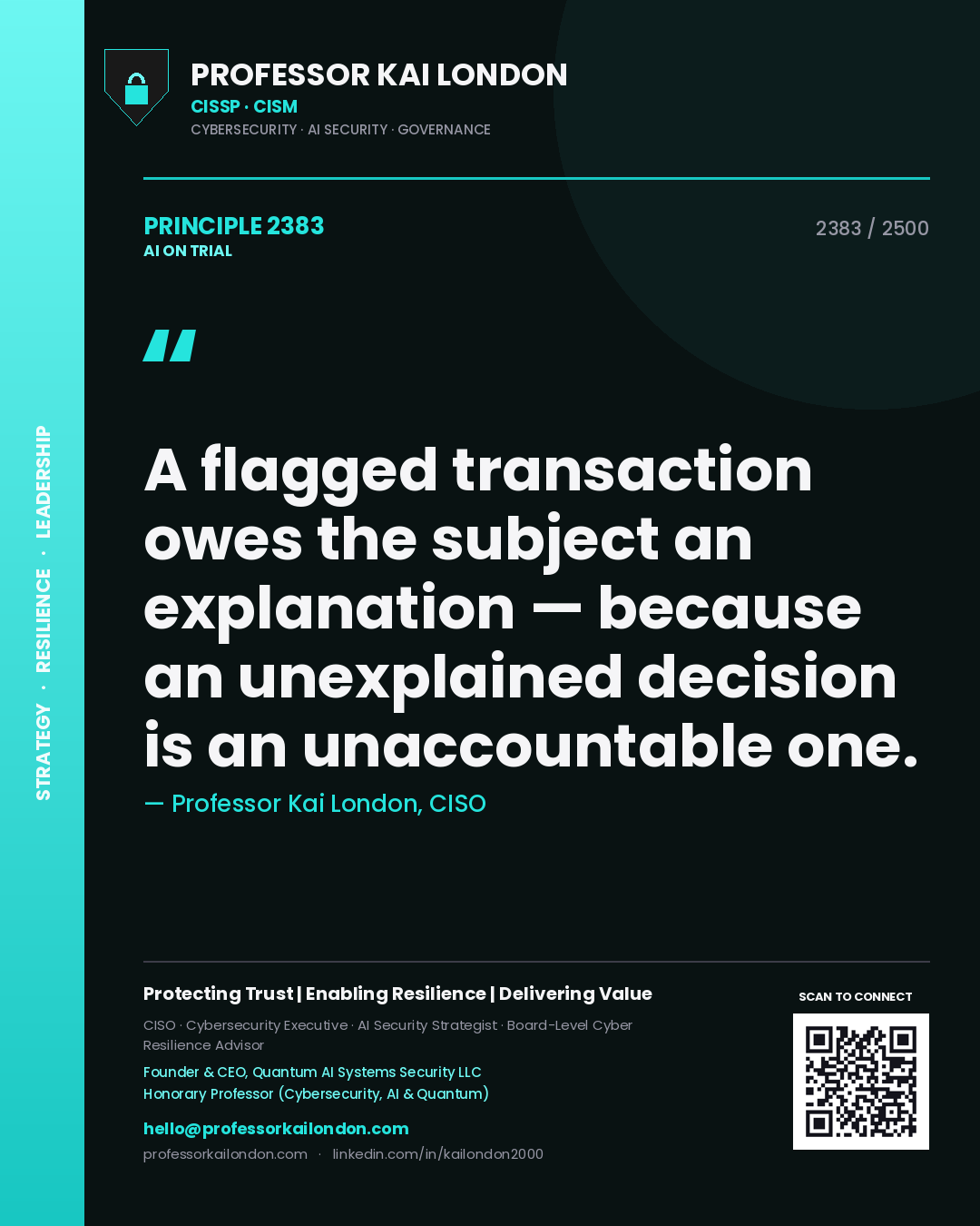 Professor Kai London principle 2383: A flagged transaction owes the subject an explanation — because an unexplained decision is an unaccountable one.