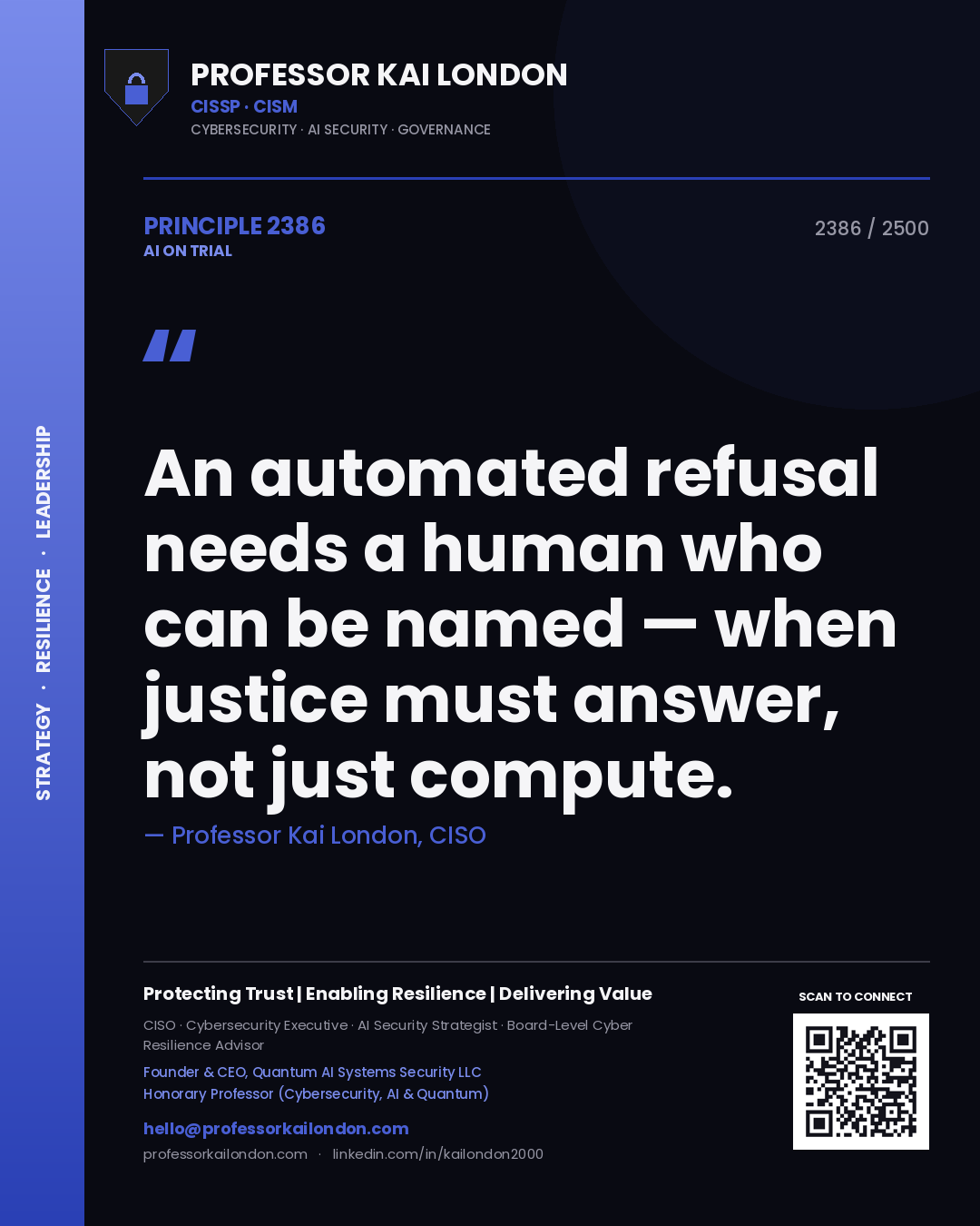 Professor Kai London principle 2386: An automated refusal needs a human who can be named — when justice must answer, not just compute.
