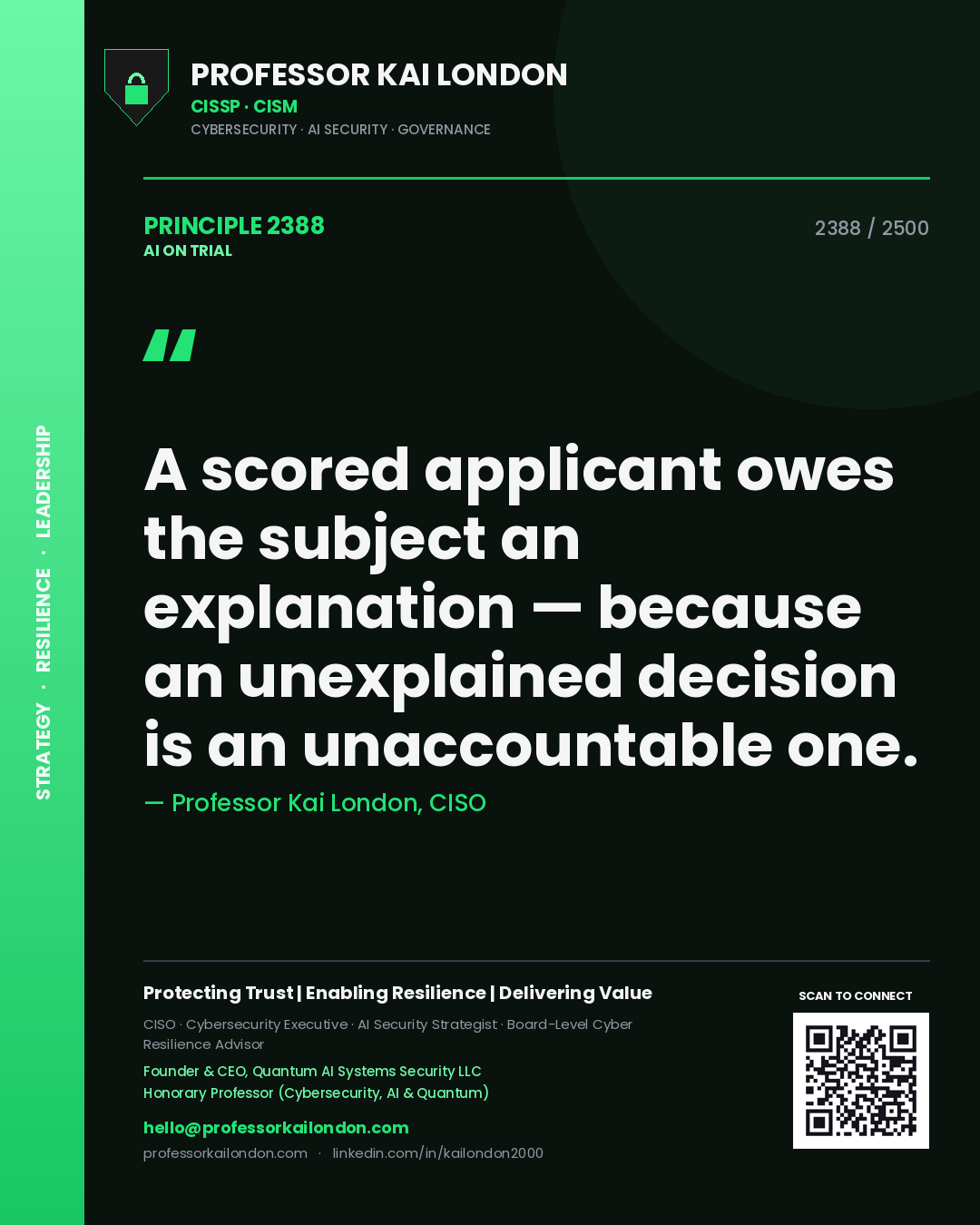 Professor Kai London principle 2388: A scored applicant owes the subject an explanation — because an unexplained decision is an unaccountable one.