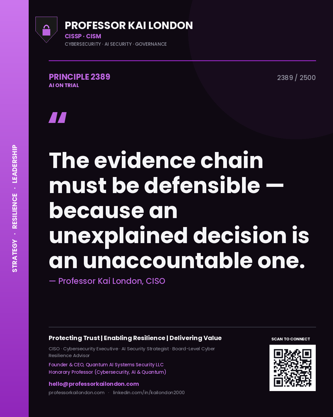 Professor Kai London principle 2389: The evidence chain must be defensible — because an unexplained decision is an unaccountable one.