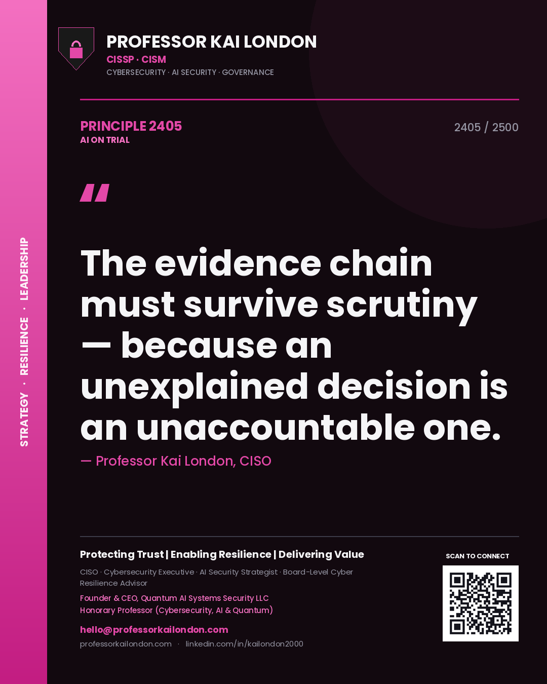 Professor Kai London principle 2405: The evidence chain must survive scrutiny — because an unexplained decision is an unaccountable one.
