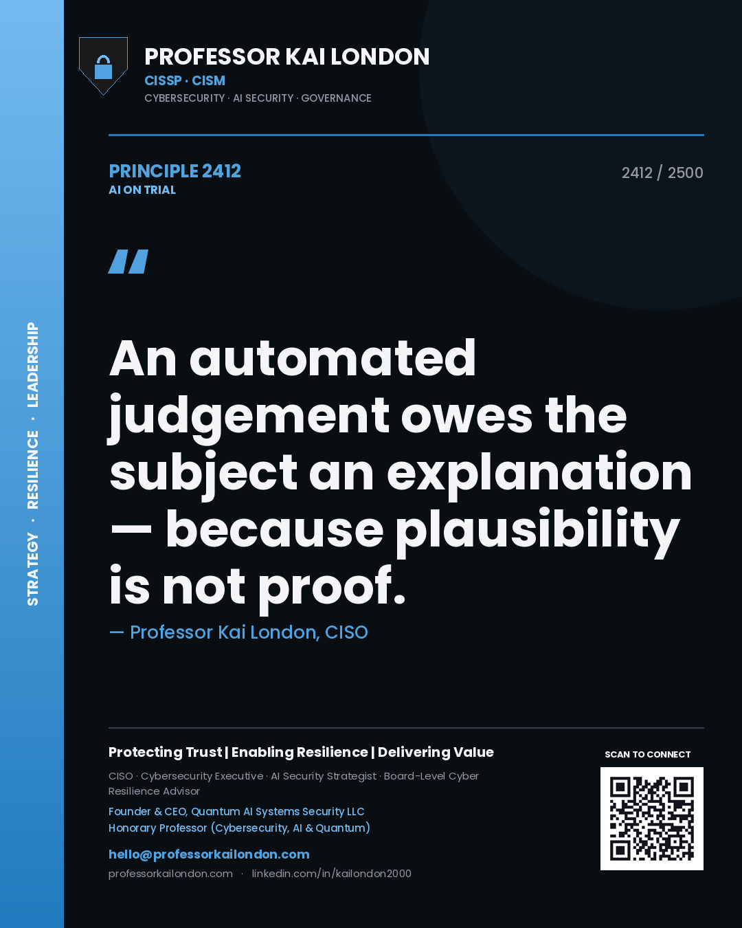 Professor Kai London principle 2412: An automated judgement owes the subject an explanation — because plausibility is not proof.