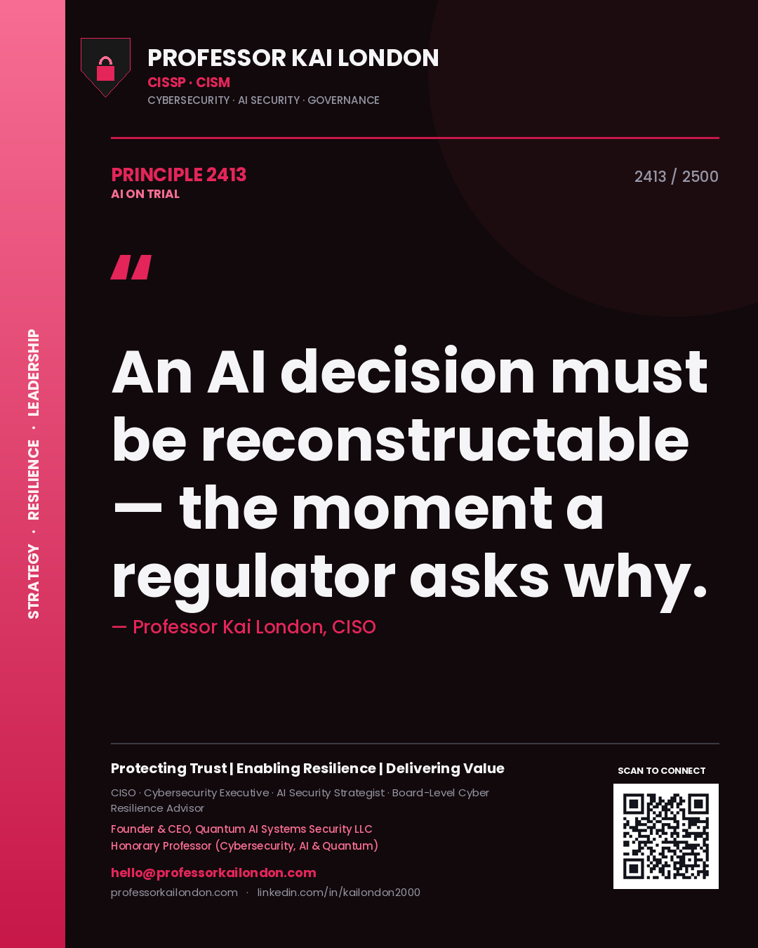 Professor Kai London principle 2413: An AI decision must be reconstructable — the moment a regulator asks why.