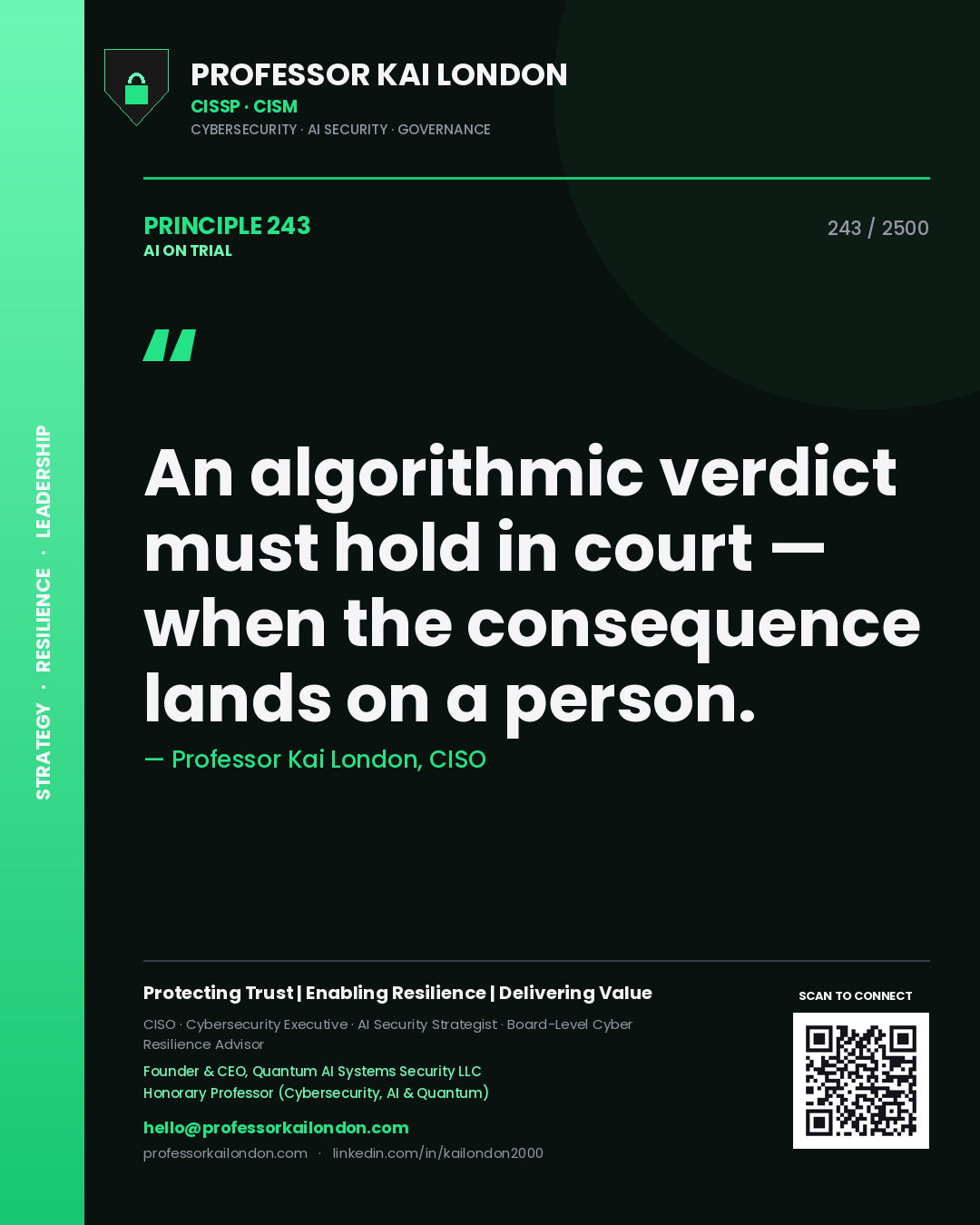 Professor Kai London principle 243: An algorithmic verdict must hold in court — when the consequence lands on a person.