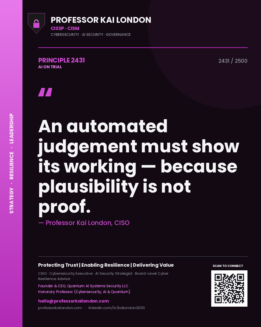 Professor Kai London principle 2431: An automated judgement must show its working — because plausibility is not proof.