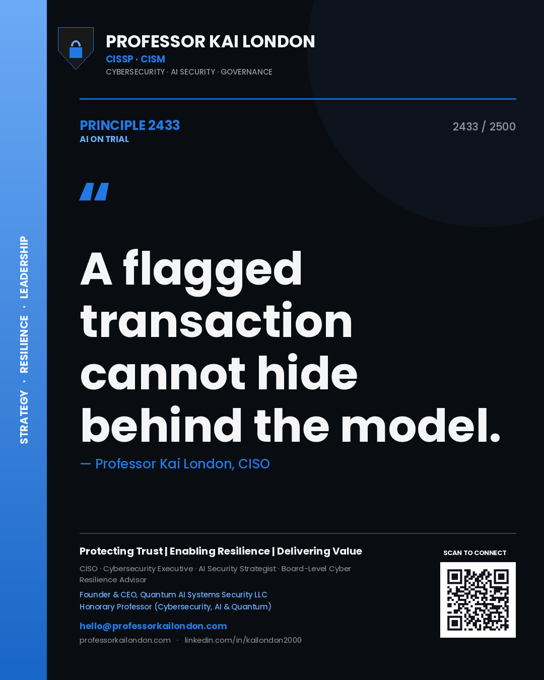 Professor Kai London principle 2433: A flagged transaction cannot hide behind the model.