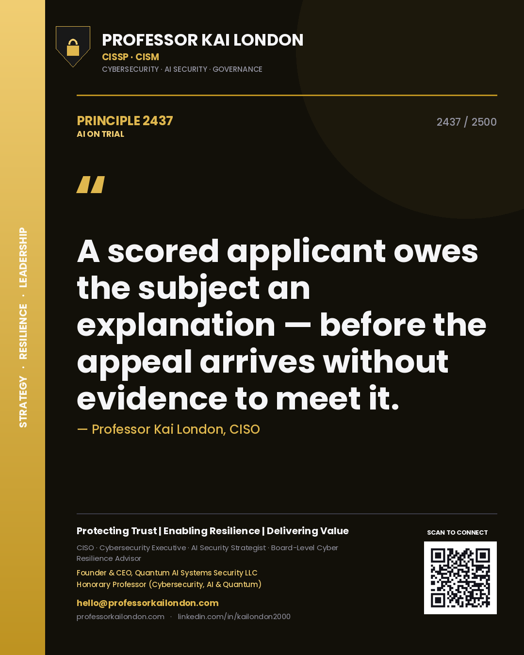 Professor Kai London principle 2437: A scored applicant owes the subject an explanation — before the appeal arrives without evidence to meet it.