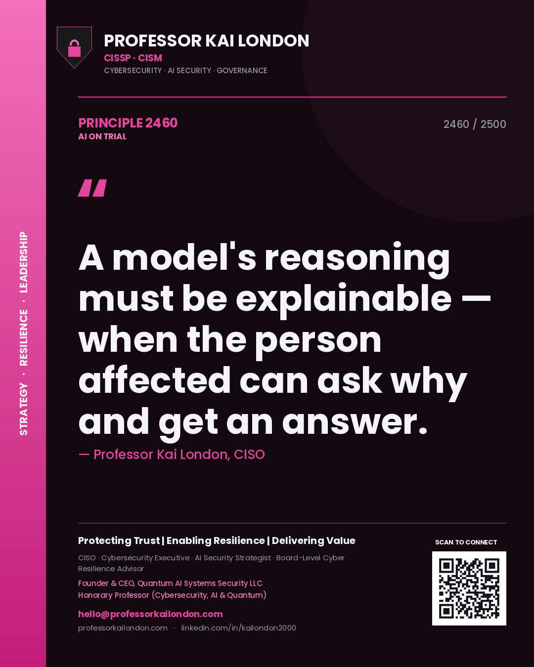 Professor Kai London principle 2460: A model's reasoning must be explainable — when the person affected can ask why and get an answer.