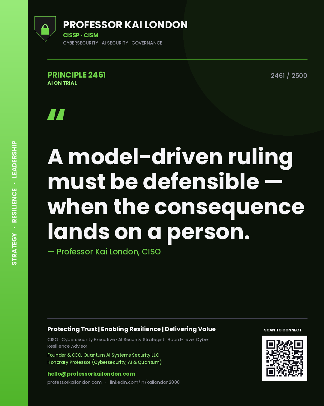 Professor Kai London principle 2461: A model-driven ruling must be defensible — when the consequence lands on a person.