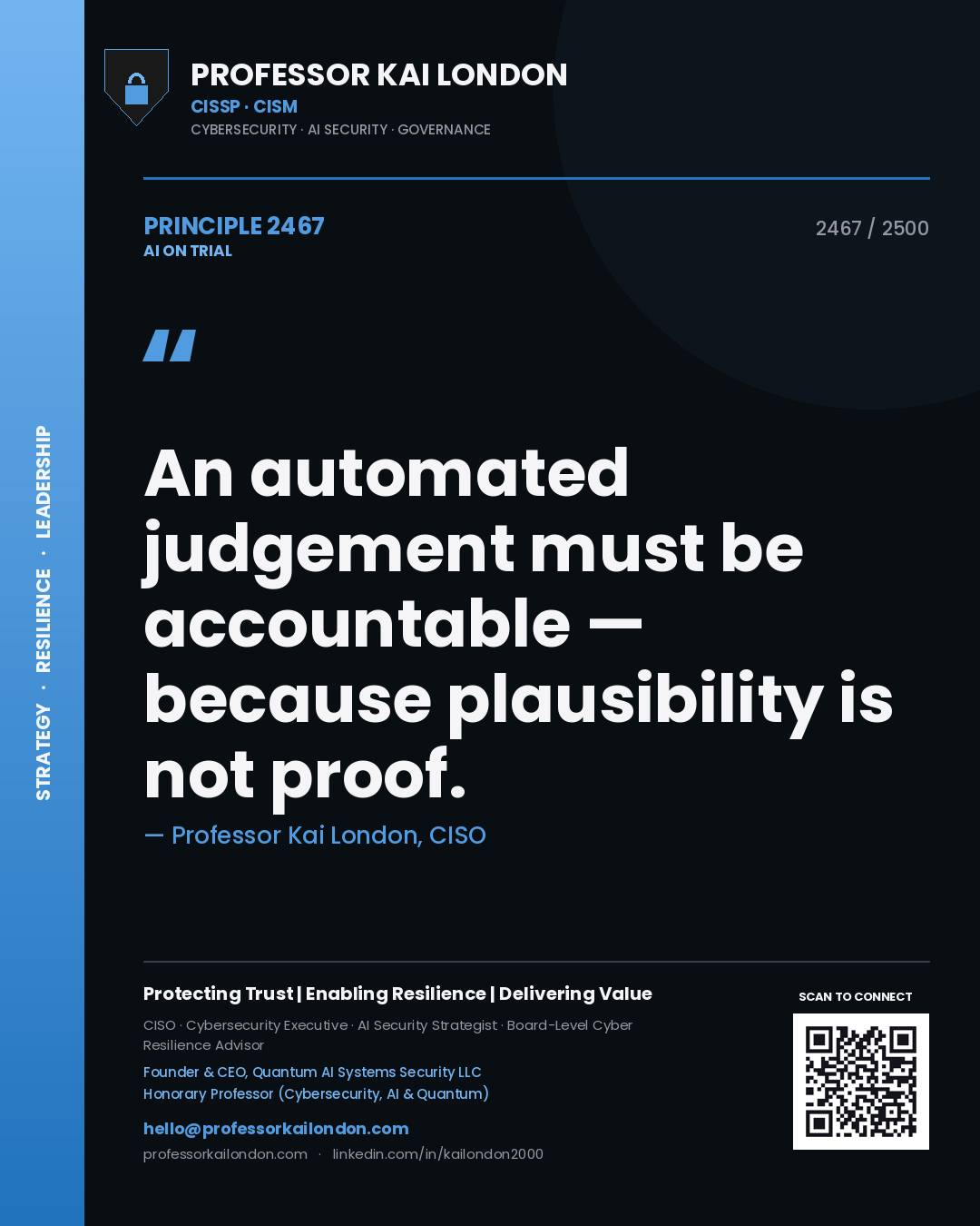 Professor Kai London principle 2467: An automated judgement must be accountable — because plausibility is not proof.