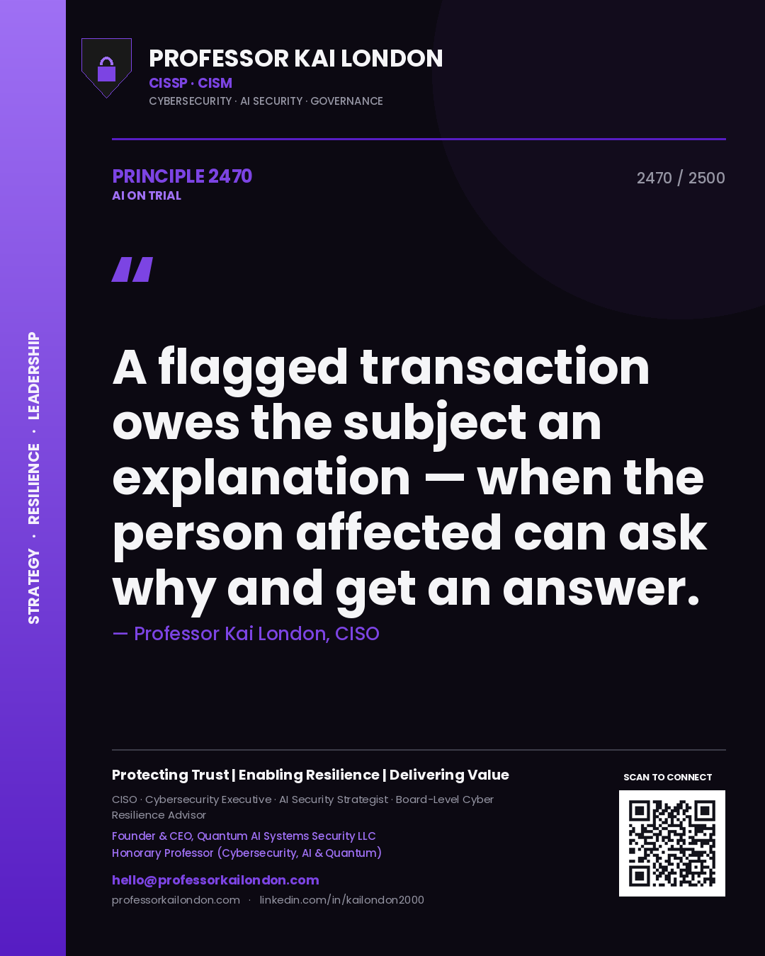 Professor Kai London principle 2470: A flagged transaction owes the subject an explanation — when the person affected can ask why and get an answer.