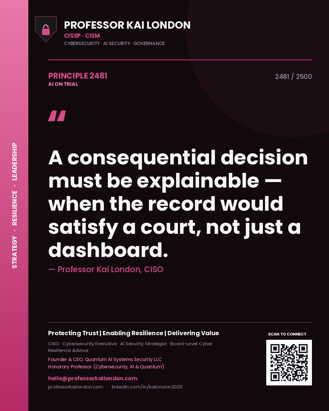 Professor Kai London principle 2481: A consequential decision must be explainable — when the record would satisfy a court, not just a dashboard.
