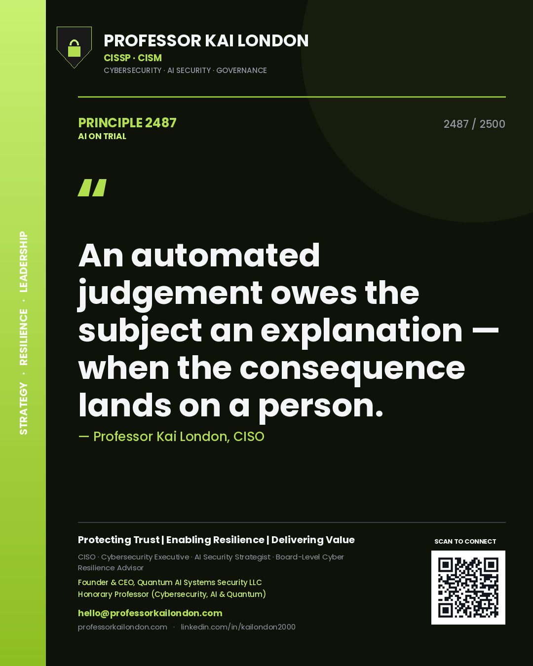 Professor Kai London principle 2487: An automated judgement owes the subject an explanation — when the consequence lands on a person.