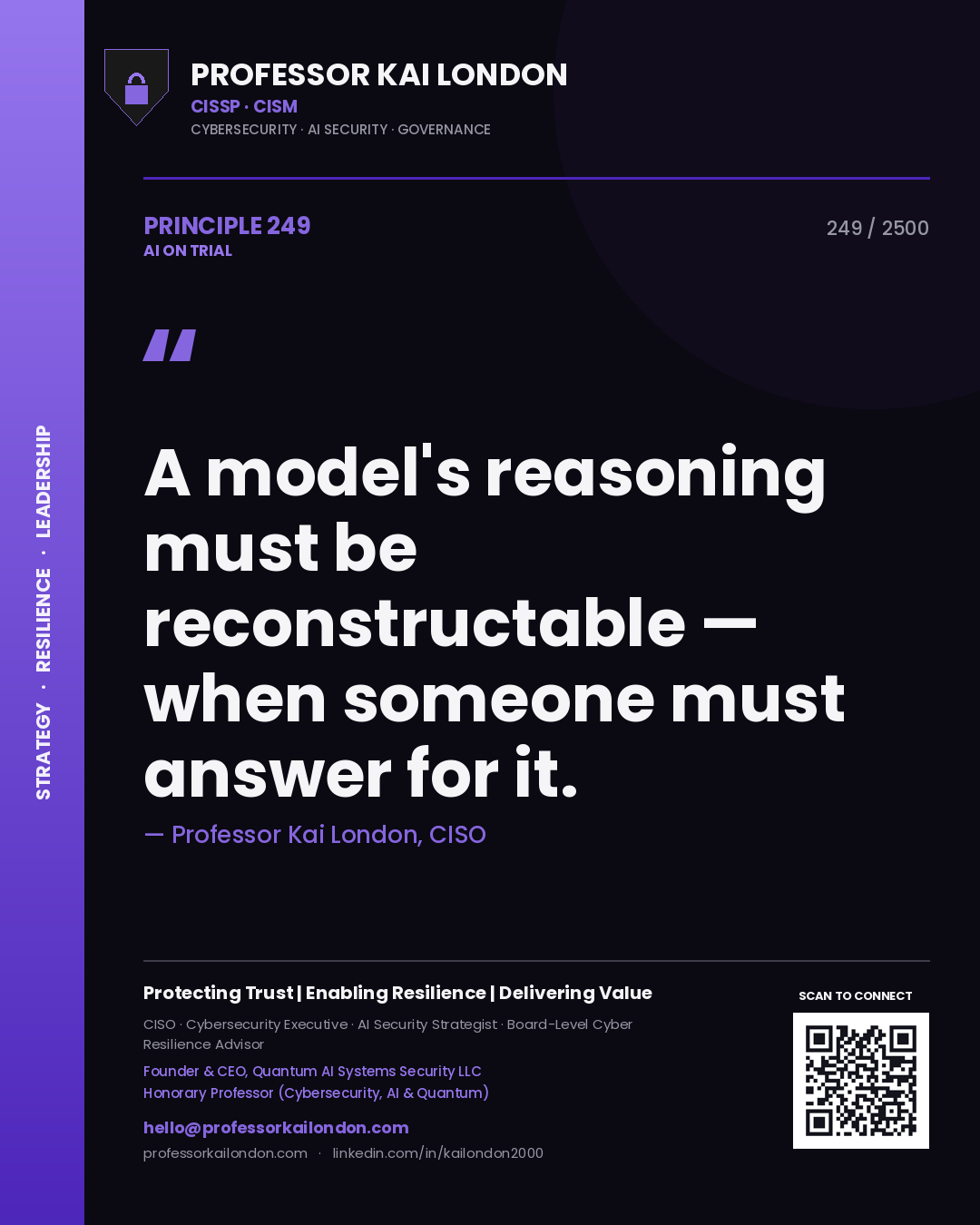 Professor Kai London principle 249: A model's reasoning must be reconstructable — when someone must answer for it.