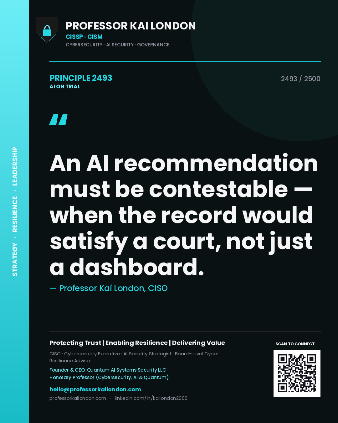 Professor Kai London principle 2493: An AI recommendation must be contestable — when the record would satisfy a court, not just a dashboard.