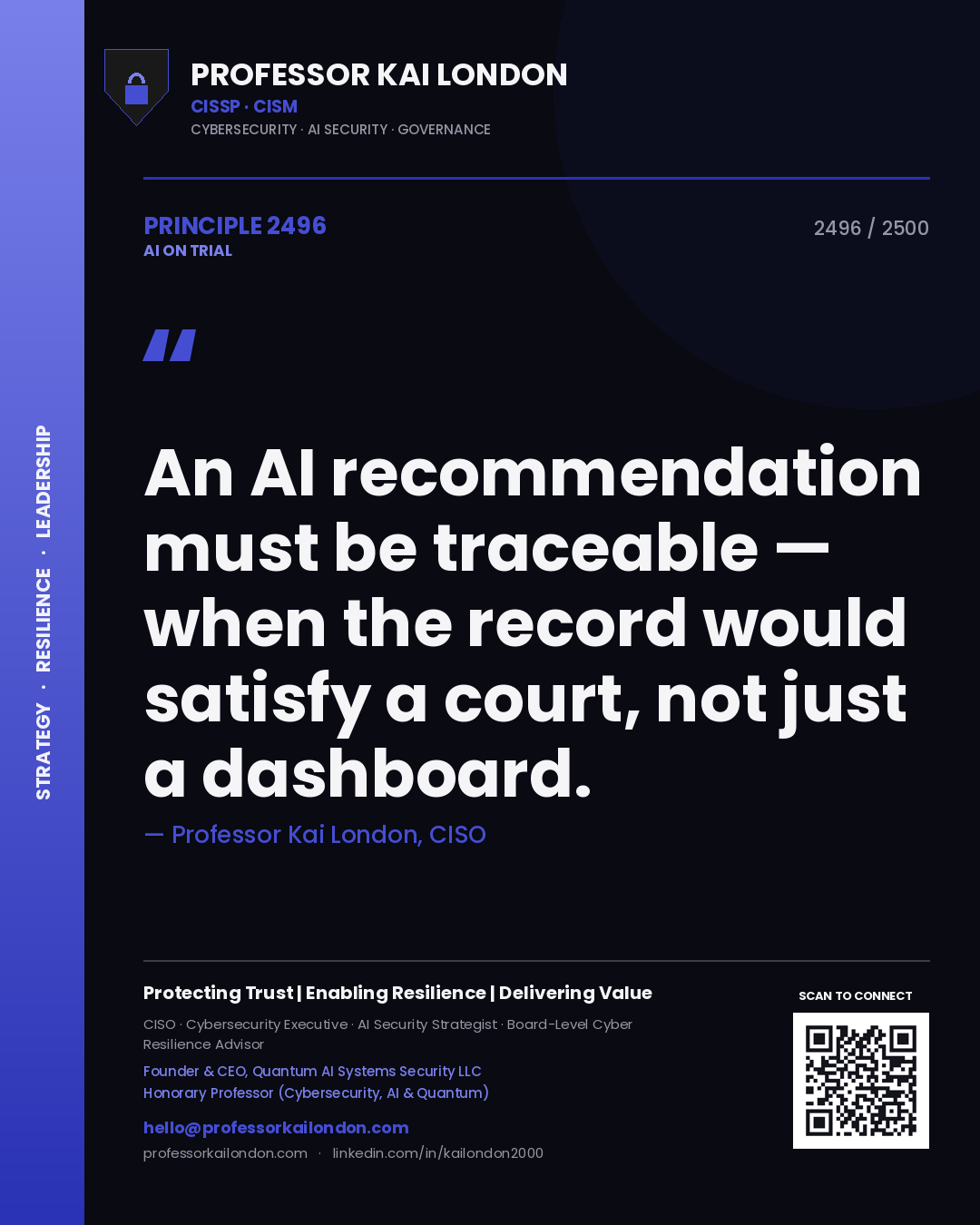 Professor Kai London principle 2496: An AI recommendation must be traceable — when the record would satisfy a court, not just a dashboard.