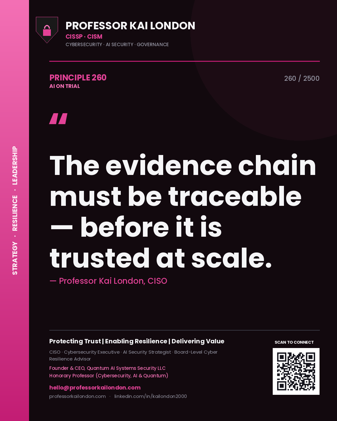 Professor Kai London principle 260: The evidence chain must be traceable — before it is trusted at scale.