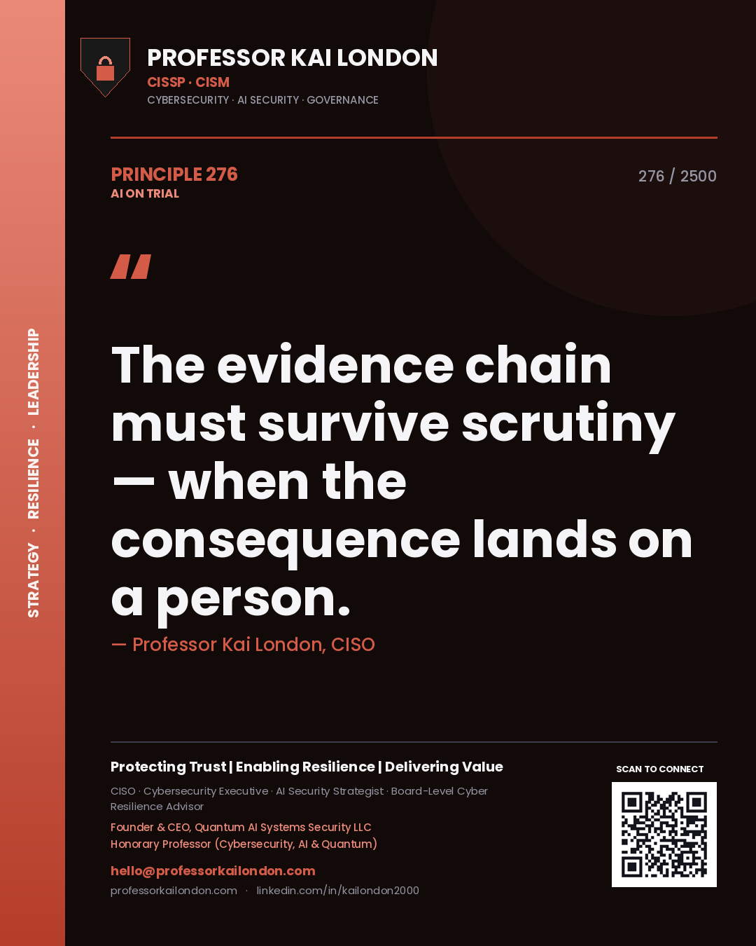 Professor Kai London principle 276: The evidence chain must survive scrutiny — when the consequence lands on a person.